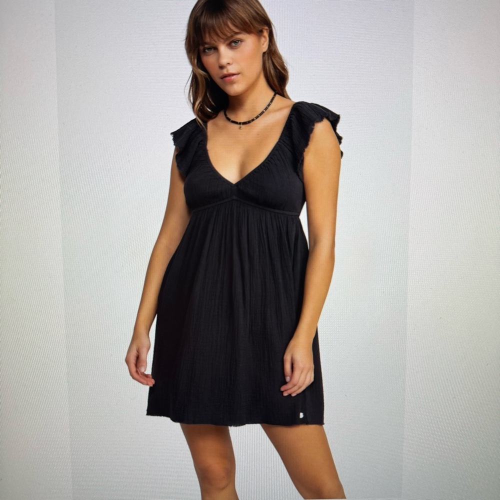 NWT : Roxy : Luna Crinkle Gauze Raw Edge Mini Dress : Black : Medium